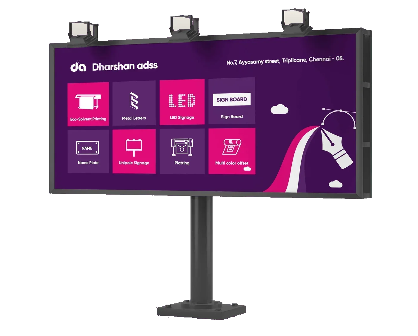Dharshan Adss billboard — eco-solvent printing, metal letters, LED signage, sign boards, name plates, unipole signage, plotting and multi-colour offset